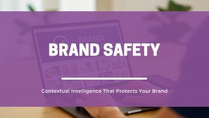 Person analyzing digital content on a laptop with brand safety data visualization in the background
