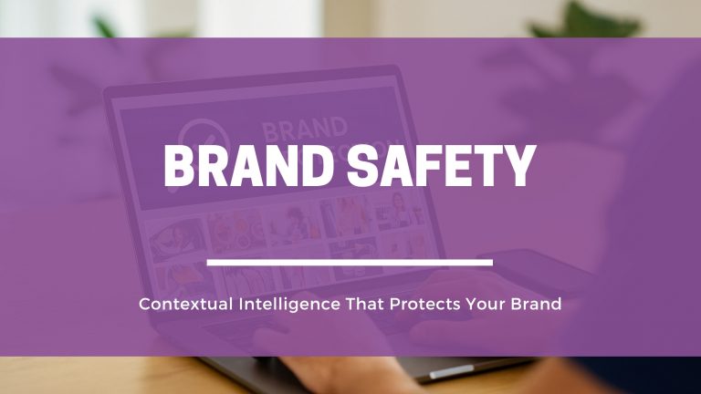 Person analyzing digital content on a laptop with brand safety data visualization in the background
