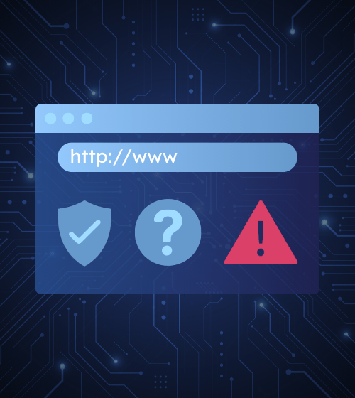Browser interface illustration with security icons representing URL categorization, safety scoring, and threat detection.