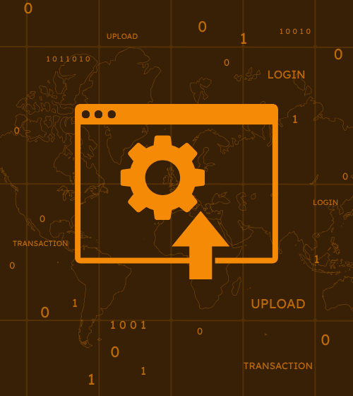 Illustration representing web application intelligence, showing global app activity such as login, upload, and transaction detection.