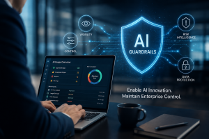 Enterprise AI guardrails concept showing AI security, visibility, risk intelligence, data protection, and policy controls.